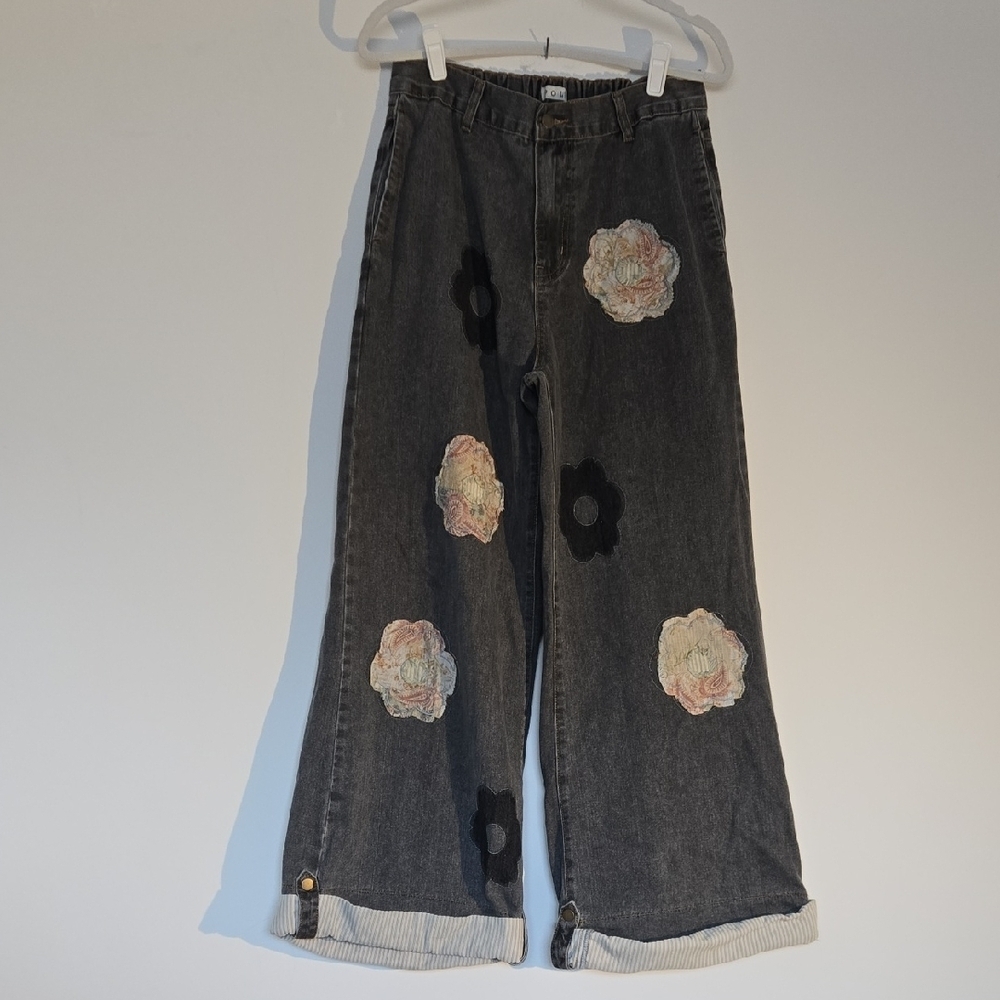 POL Grey floral quilted wide leg denim pants boho 70's vibe size Medium